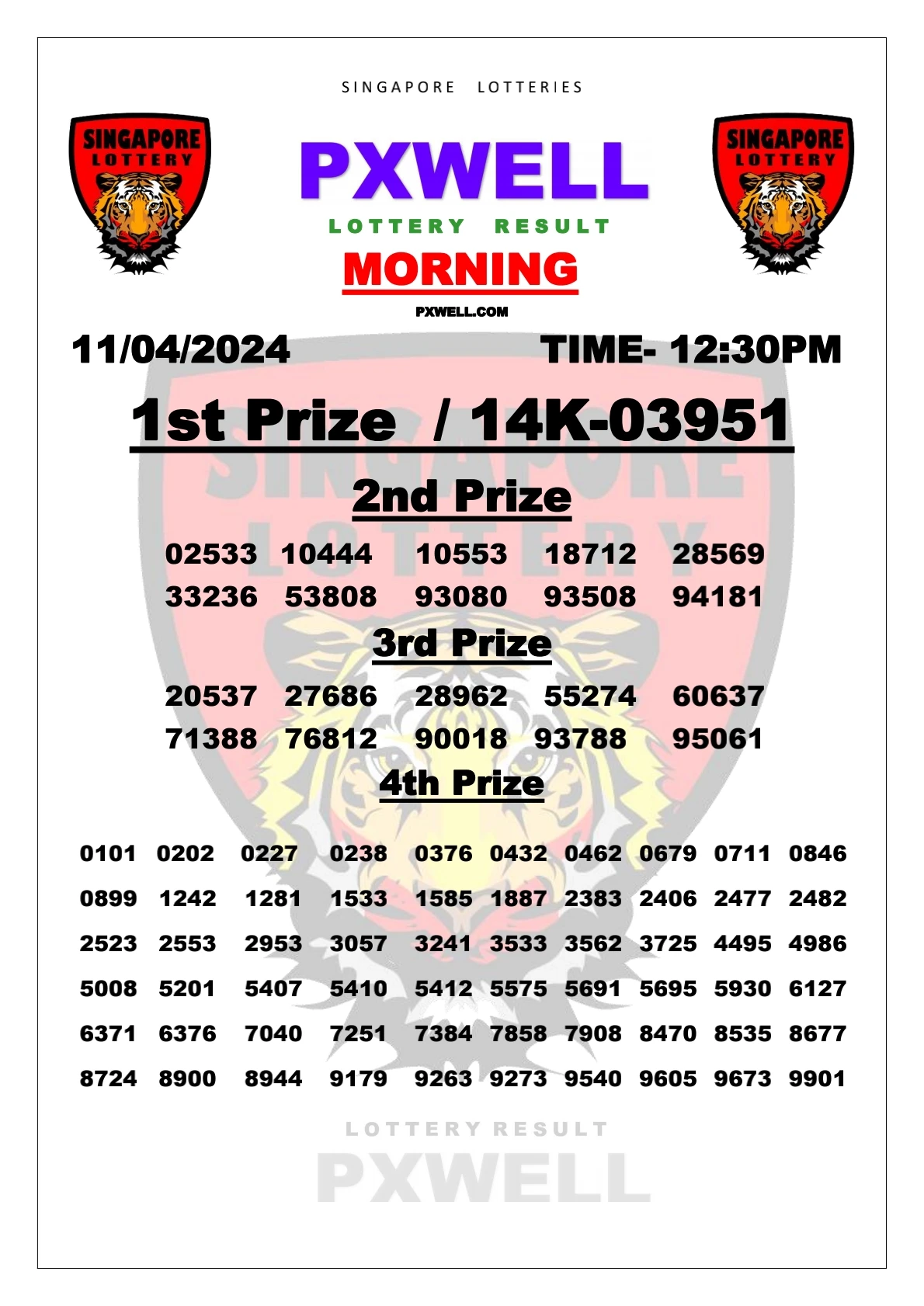 SINGAPORE PXWELL LOTTERY 12:30 PM 2024-04-11 12:30