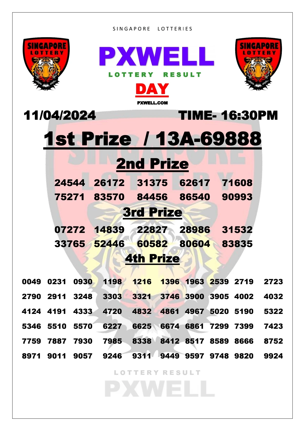 SINGAPORE PXWELL LOTTERY 16:30 PM 2024-04-11 16:30