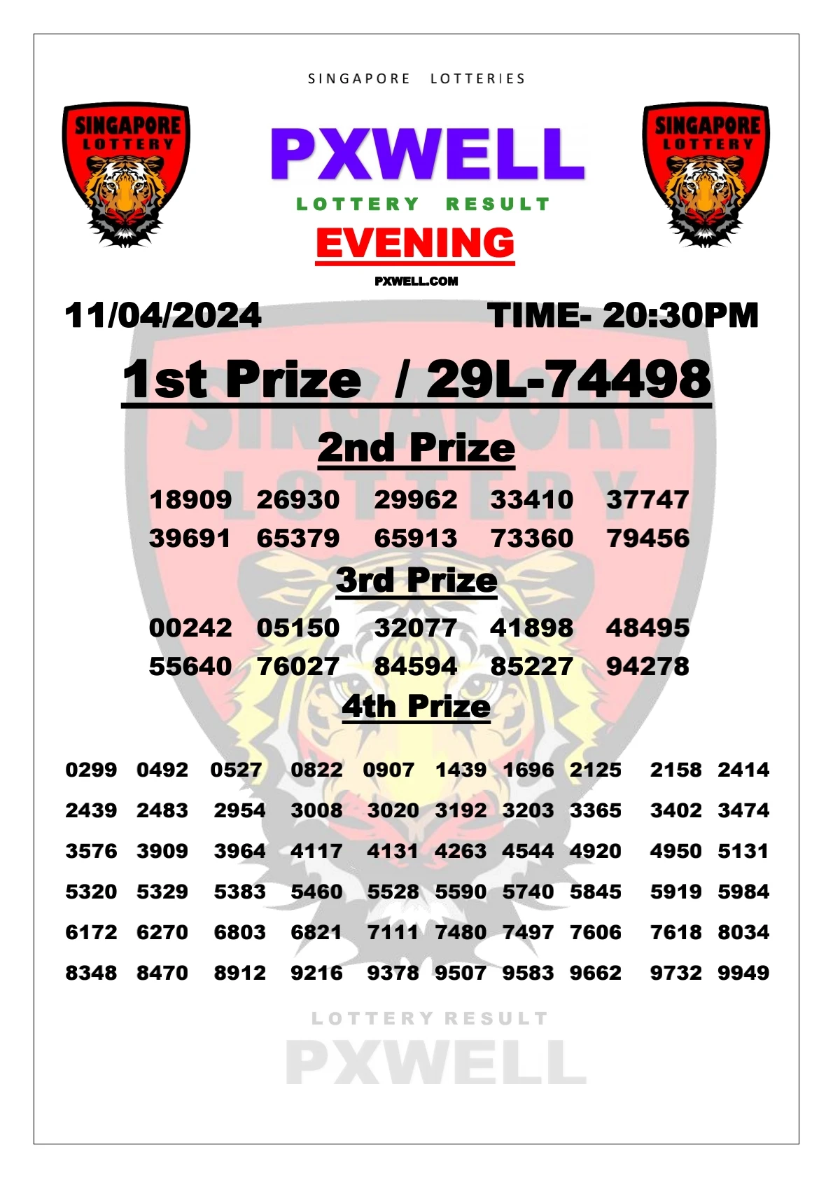 SINGAPORE PXWELL LOTTERY 20:30 PM 2024-04-11 20:30