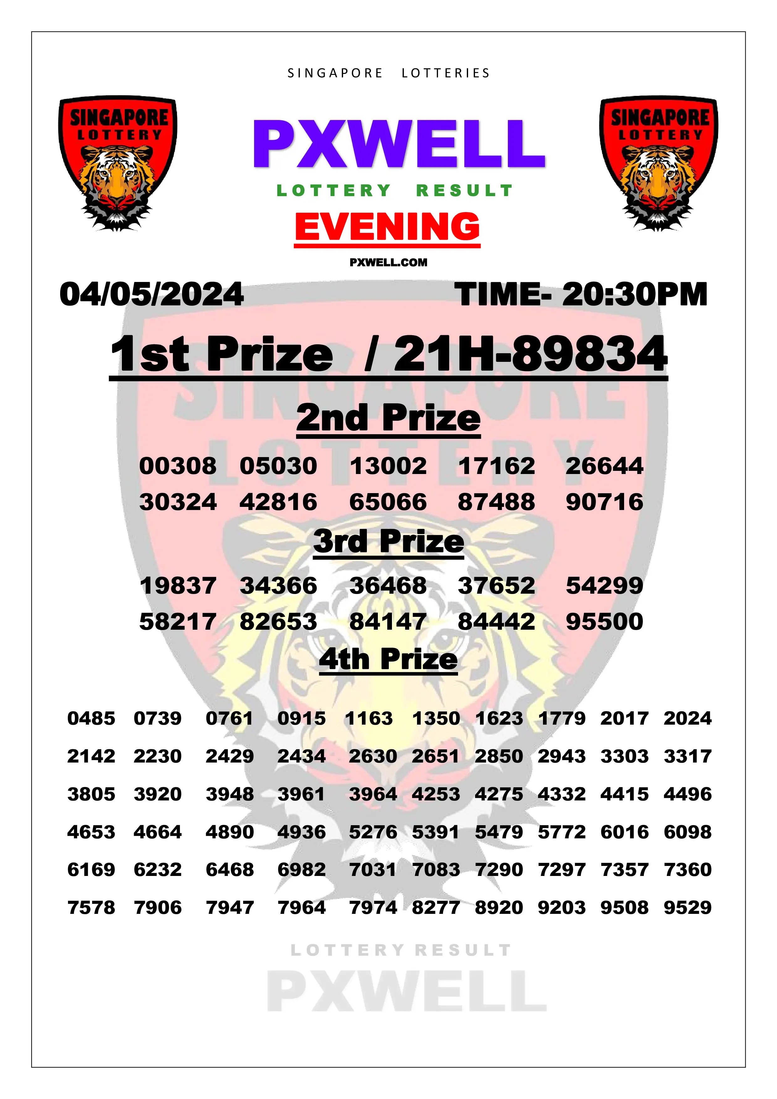 SINGAPORE PXWELL LOTTERY 20:30 PM 2024-05-04 20:30