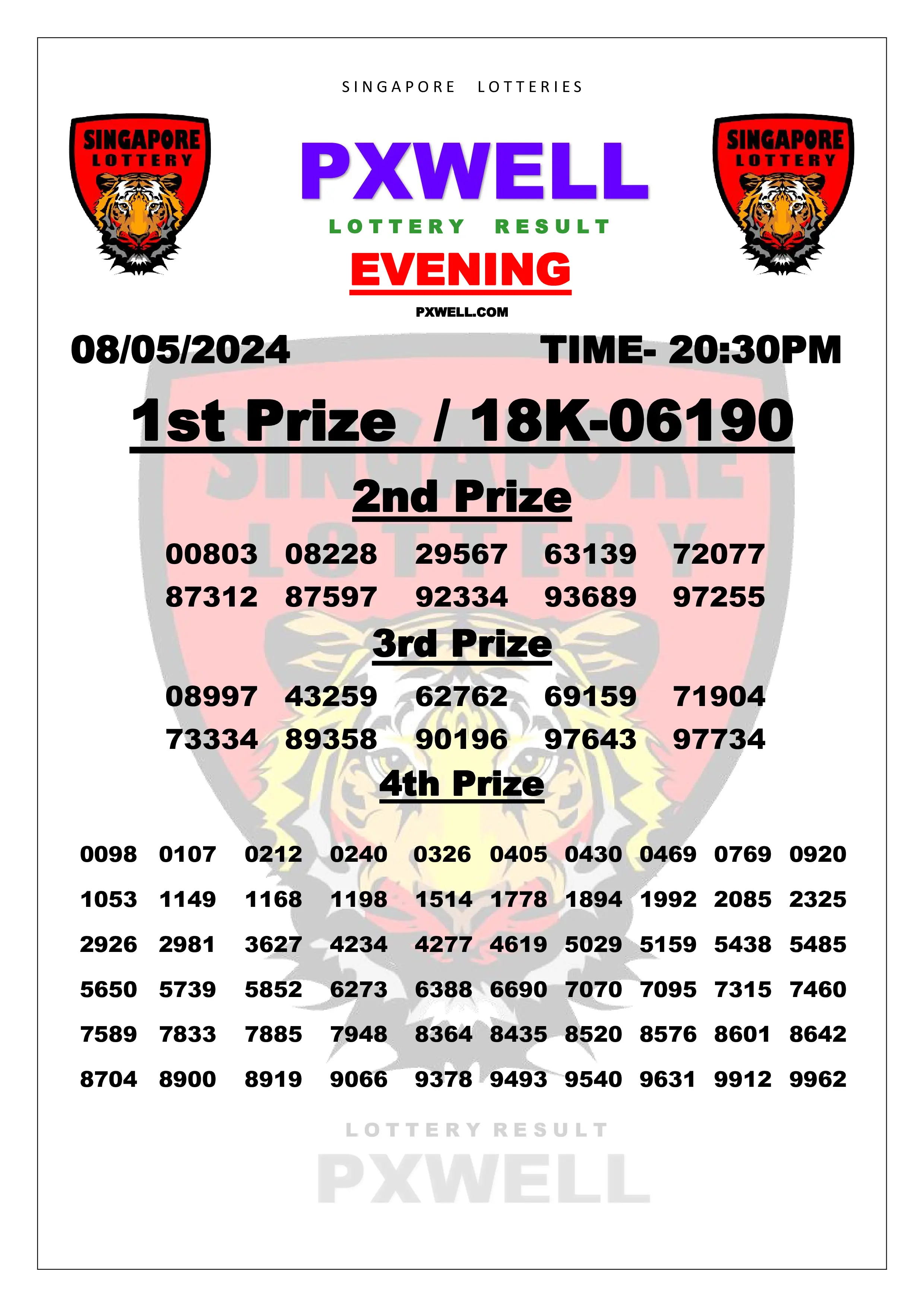 SINGAPORE PXWELL LOTTERY 20:30 PM 2024-05-08 20:30